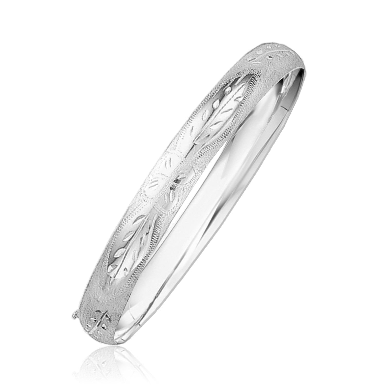 Classic Floral Carved Bangle in 14k White Gold (8.00 mm) in a sleek high-contrast midnight luxury editorial style